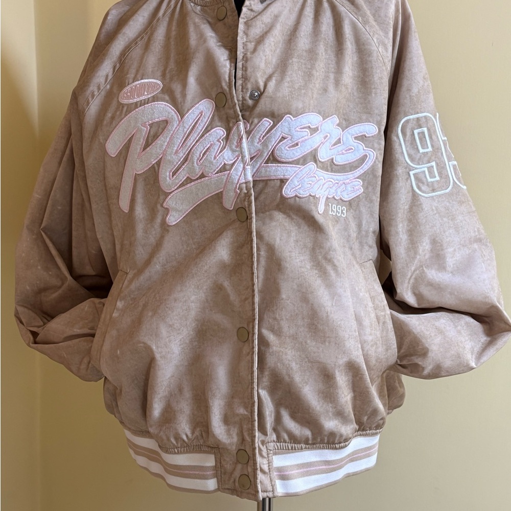 H&M Divided Old School Varsity Lined Nylon Beige Jacket M EUC